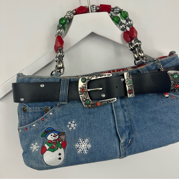 Vintage Y2K Christmas Denim Mini Bag Early 2000s Snowman - Picture 4 of 6